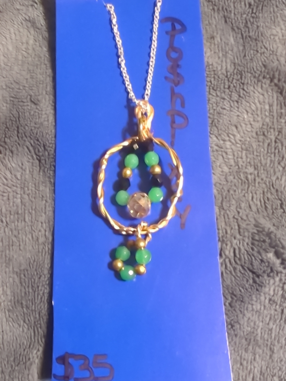 Gold-Tone Green Emerald Beaded Pendant Necklace